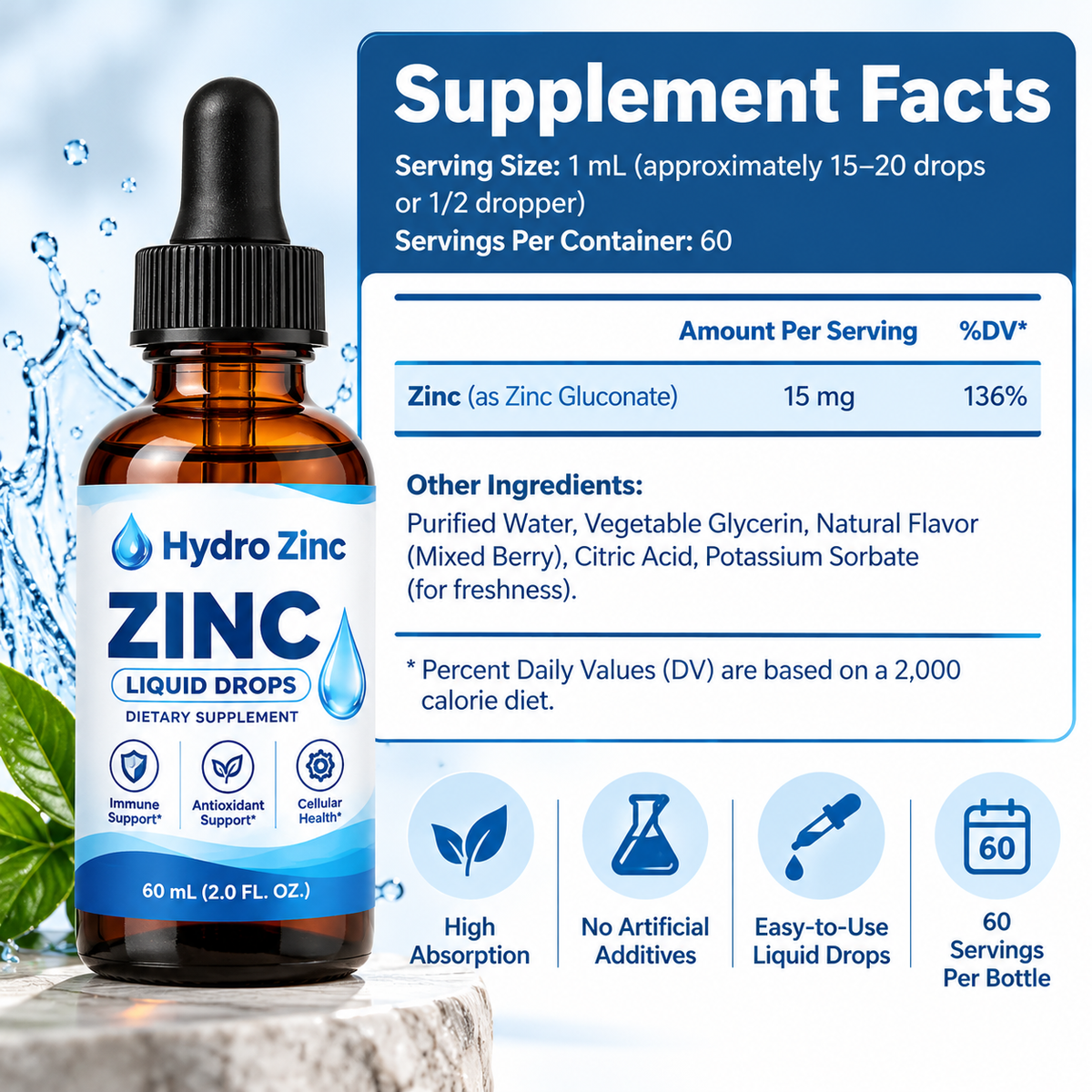 Liquid Zinc Drops – Zinc Sulfate Supplement, 60 mL
